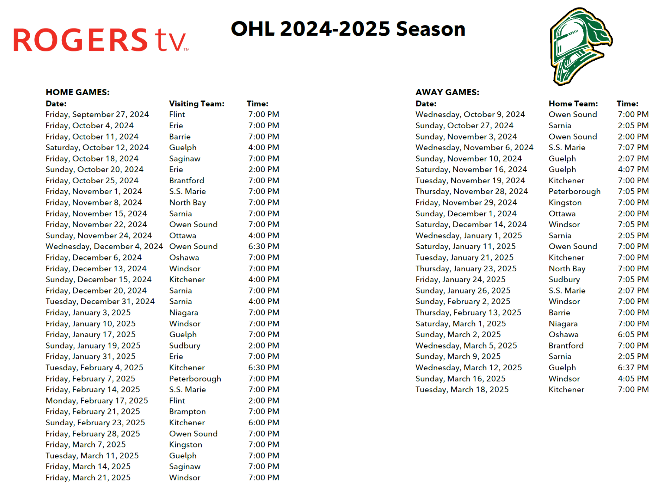 OHL London Knights TV Broadcast Schedule